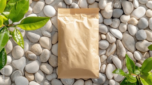 Recycled paper packet on a bed of stones.
