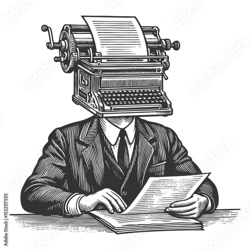 man in a suit with a typewriter for a head, symbolizing creativity or writing obsession sketch engraving generative ai fictional character vector illustration. Scratch board. Black and white image.