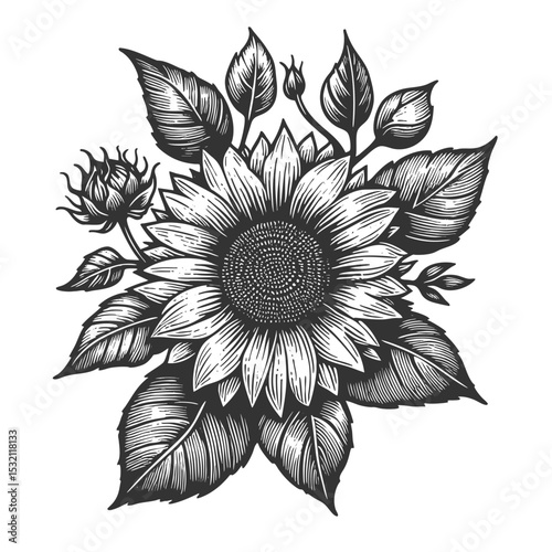 blooming sunflower with intricate detail, ideal for botanical art and natural designs sketch engraving generative ai vector illustration. Scratch board imitation. Black and white image.