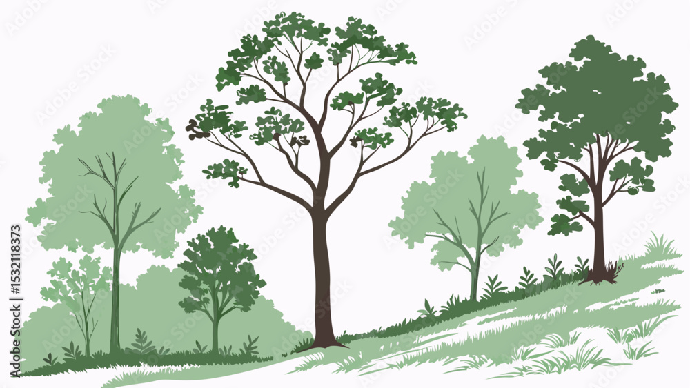 Obraz premium Illustration of a serene landscape featuring various trees on a gentle slope under a clear sky view scene