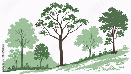 Illustration of a serene landscape featuring various trees on a gentle slope under a clear sky view scene