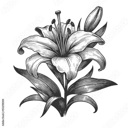 Lily Flower sketch engraving generative ai fictional character vector illustration. Scratch board imitation. Black and white image.