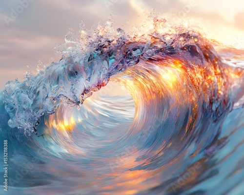 Here's one sentence describing the image:

Abstract water and sky illustration with swirling fractal patterns of colorful blue and orange light