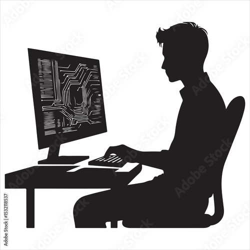 Silhouette of person remote working  ,  vector black color  , solide white colour background 
