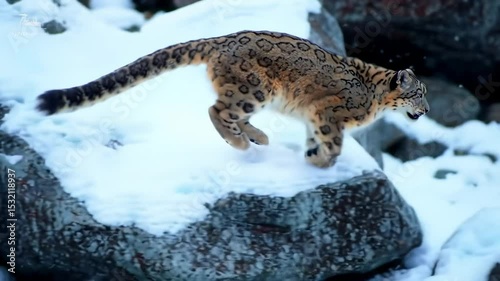 Snow leopard leaping over rocks