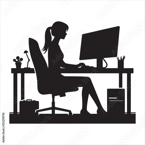 Silhouette of person remote working  ,  vector black color  , solide white colour background 