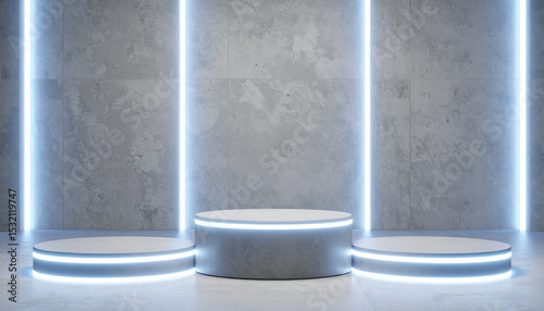 Showroom with a wall with lighting and a cylinder pedestal with lighting for the product. Concept of space for product promotional sales presentation.