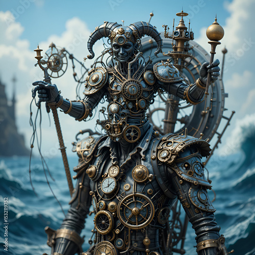 Steampunk wave clockwork artistry fantasy realm sculpture oceanic environment close-up view unique conceptual design. [Mechanical Folklore] | Steel Trickster | rigid jester. Illustration