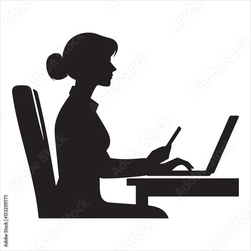 Silhouette of person remote working  ,  vector black color  , solide white colour background 