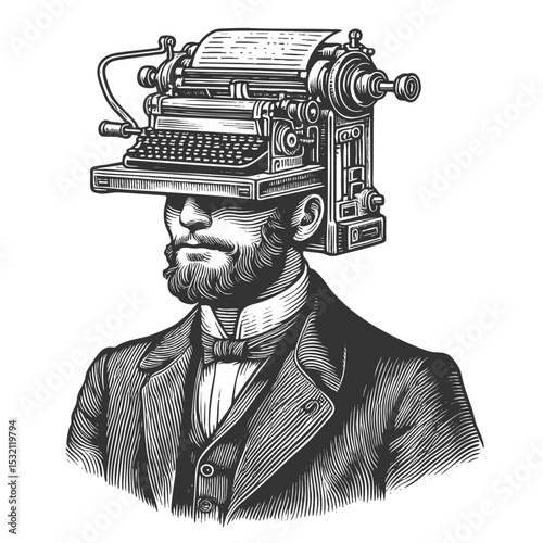 man in a suit with a typewriter for a head, symbolizing creativity or writing obsession sketch engraving generative ai fictional character vector illustration. Scratch board. Black and white image.