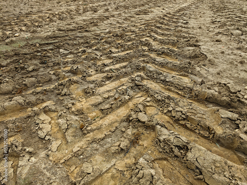 Tire tracks on dry, cracked soil show recent activity in an agricultural field at midday