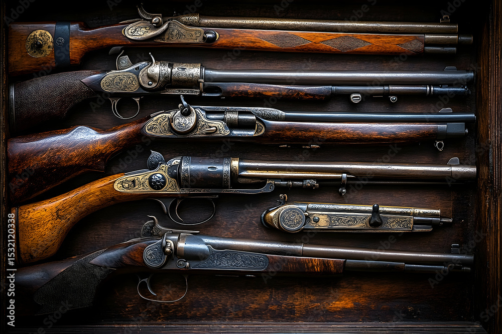 Naklejka premium Antique firearms collection in wooden case vintage weapons ornate details