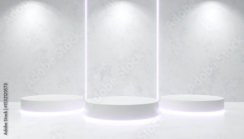 Showroom with a wall with lighting and a cylinder pedestal with lighting for the product. Concept of space for product promotional sales presentation.