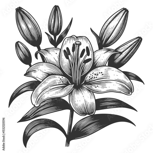 Lily Flower sketch engraving generative ai fictional character vector illustration. Scratch board imitation. Black and white image.
