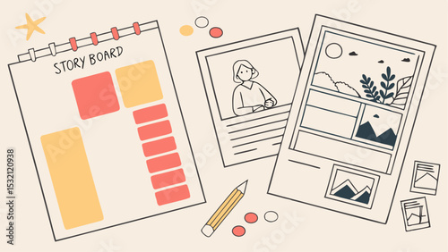 Illustration of a storyboard with sketches, a pencil, and color swatches on a light background