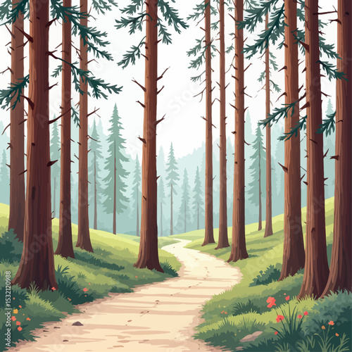 Vsai winding path through a lush green pine forest