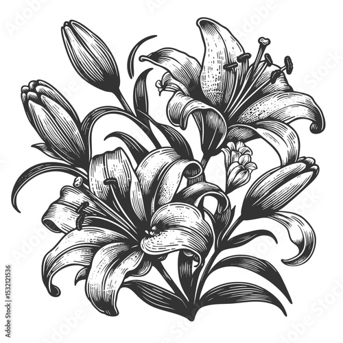 Lily Flower sketch engraving generative ai fictional character vector illustration. Scratch board imitation. Black and white image.
