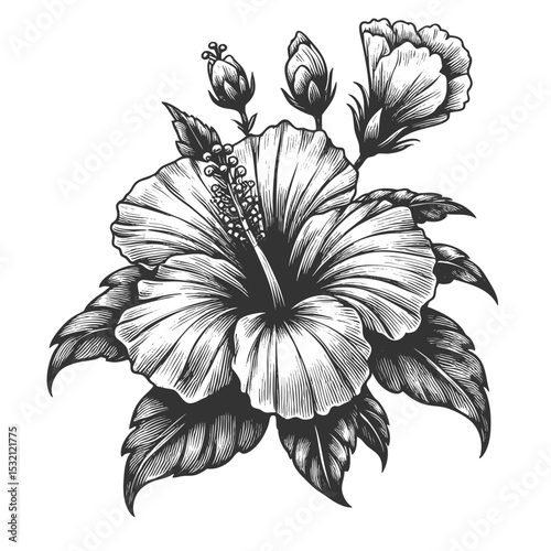 hibiscus flowers and leaves sketch engraving generative ai fictional character vector illustration. Scratch board imitation. Black and white image.