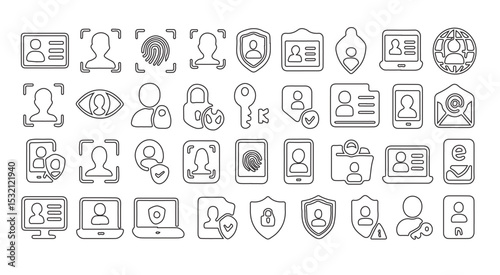 A collection of security and identity icons featuring face recognition and data protection elements in line art