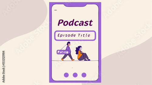 Podcast interface with episode title and rating illustration inside a purple outlined phone screen view