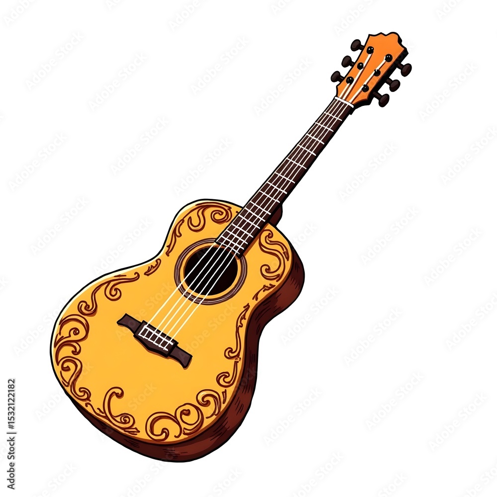 Naklejka premium Whimsical Doodle Style Spanish Guitar with Decorative Flourishes