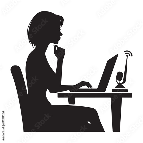 Silhouette of person remote working  ,  vector black color  , solide white colour background 