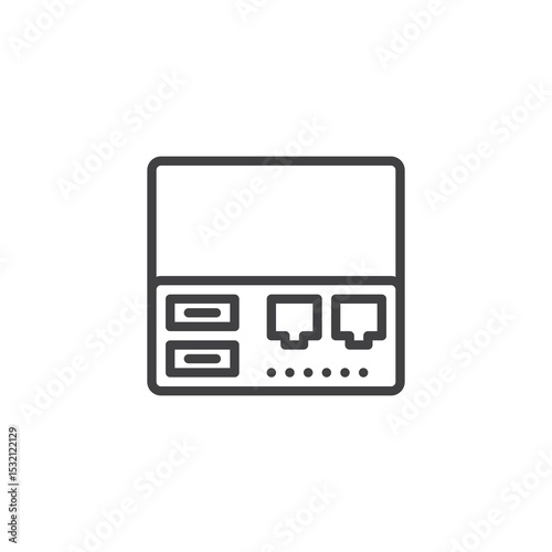 Line icon of a network switch showing ports and connections. Outline vector icon used in data communication and IT networks. Network icon with structured layout.