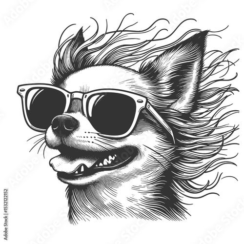 happy dog wearing sunglasses and a decorative bandana, exuding a playful, trendy vibe sketch engraving generative ai vector illustration. Scratch board imitation. Black and white image.