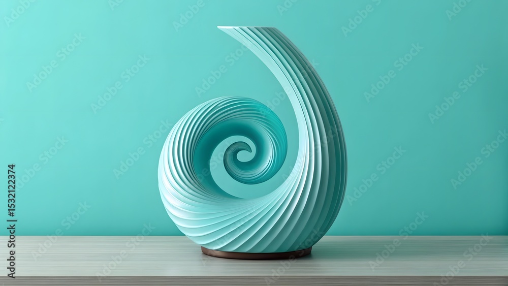 Obraz premium Abstract teal spiral sculpture on wooden surface