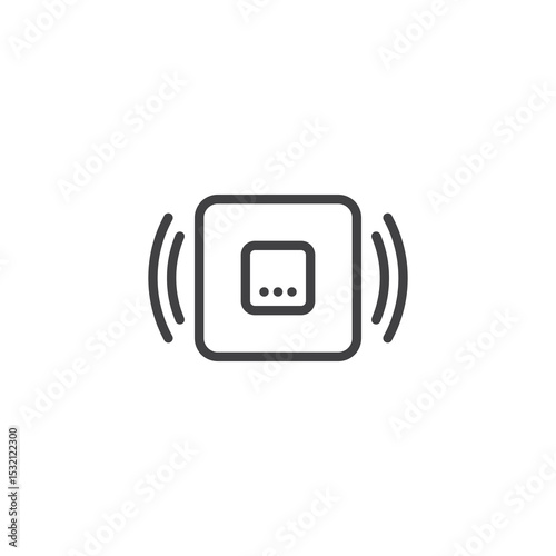 Contactless NFC line icon with a signal wave and square tag. This outline icon symbolizes tap-to-pay or smart card technology. Vector symbol for mobile payment.