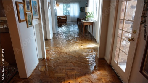 High-Quality Stock image of flooded Home Floor Cleaning.