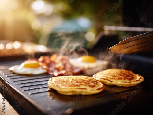 Blackstone flat top breakfast eggs bacon pancakes sizzling in morning light , Selective Focus