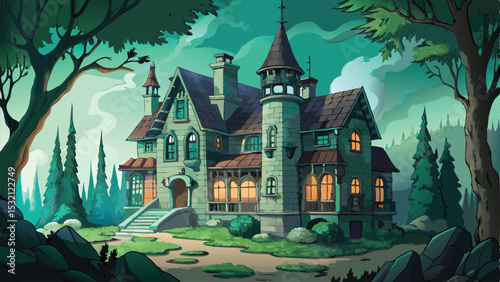 Spooky Halloween night with pumpkins, bats, and a cartoon moon, perfect for an autumn holiday celebration