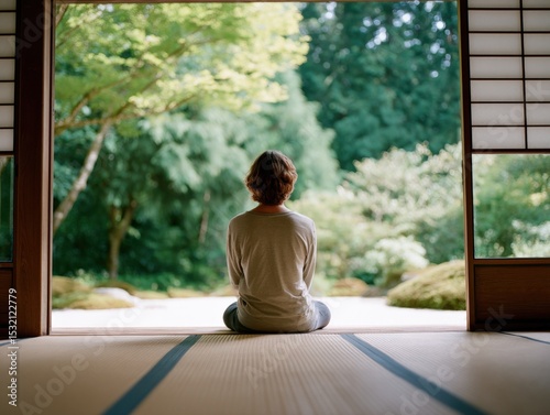 Silent moment in Japanese tatami room with garden view meditative atmosphere and open space , Selective Focus