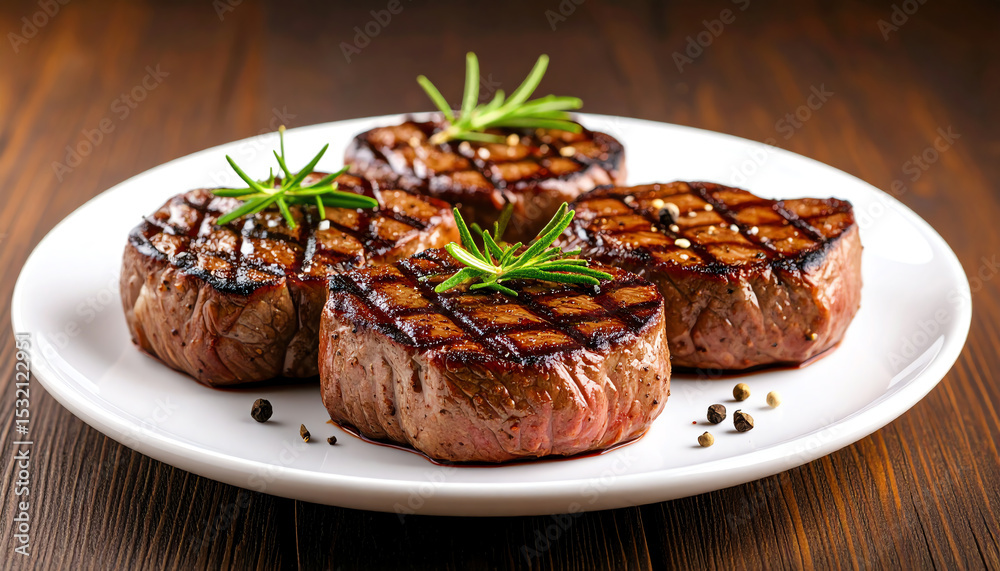 Grilled steak cuts garnished with rosemary on a white plate, showcasing a delicious meal perfect for meat lovers Grilled steak cuts garnished with rosemary on a white plate, showcasing a delicious meal perfect for meat lovers