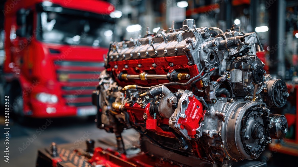 Fototapeta premium High-Quality Stock image of disassembled truck engine in repair service. Heavy machinery, diesel motor vehicle part close-up. Red truck blurred background. Maintenance, repair.