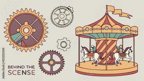 Illustration of a carousel with horses and riders surrounded by gears and the text behind the scense