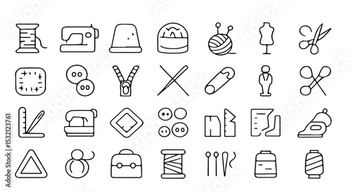 A collection of sewing and crafting icons arranged in rows showcasing various tools and equipment for sewing