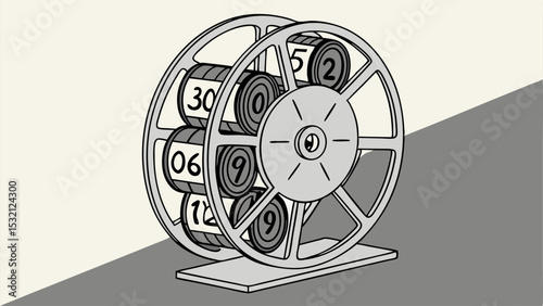 Illustration of a mechanical counter with rotating drums displaying numbers on a two tone background