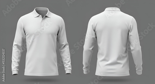 A blank, light gray polo shirt with long sleeves, presented in a front and back view against a plain gray background.
