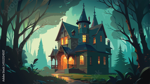 Spooky haunted house with bats in the dark woods on a Halloween night under a moonlit sky