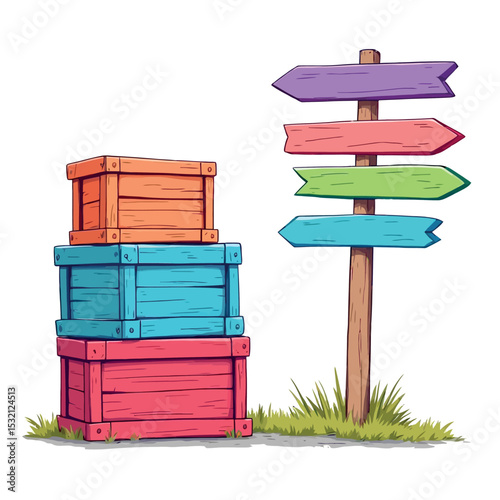 Vsai colorful wooden crates and multidirectional signpost showing different directions