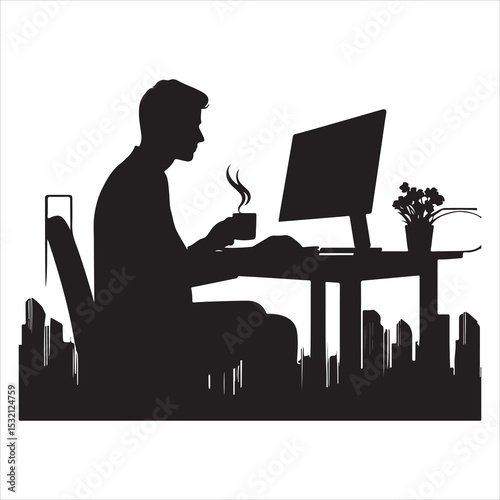 Silhouette of person remote working  ,  vector black color  , solide white colour background 