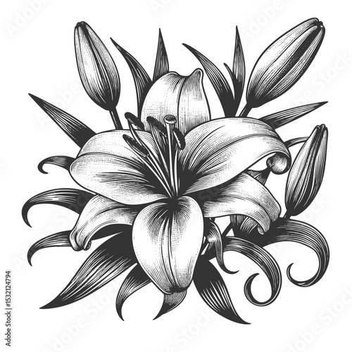 Lily Flower sketch engraving generative ai fictional character vector illustration. Scratch board imitation. Black and white image.