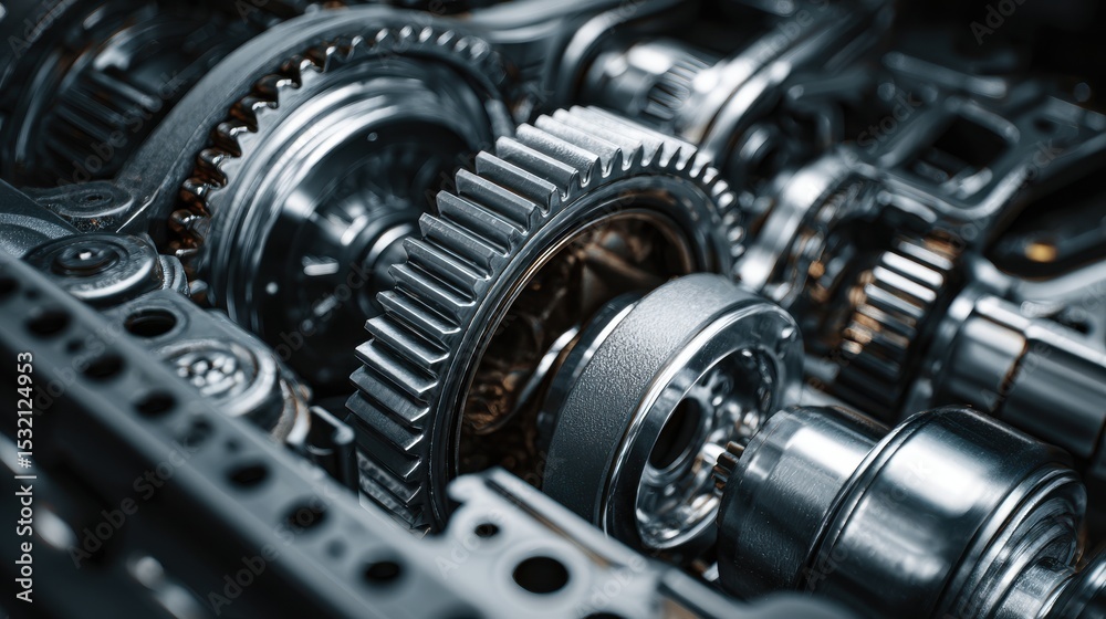 Fototapeta premium High-Quality Stock image of close-up shot car engine parts, including gears, pistons, crankshaft, valves. Industrial engineering tech, automotive design. Auto repair maintenance, gear.