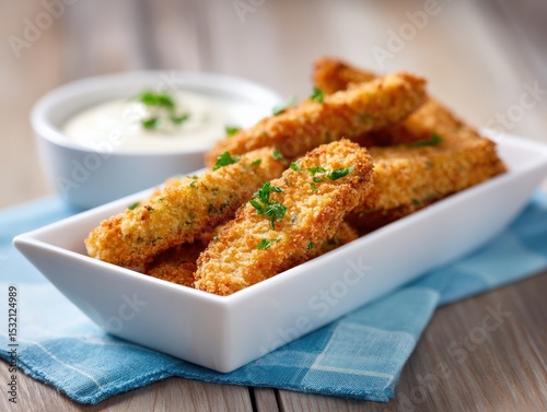 Long spear frickles in white tray with garlic aioli southern fried pickles with modern twist , Selective Focus