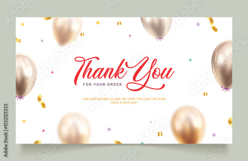 Thank you shopping card clipart design. Thank you for your order text clip art template with balloons decoration elements in white elegant background for thanksgiving card vector illustration.   
