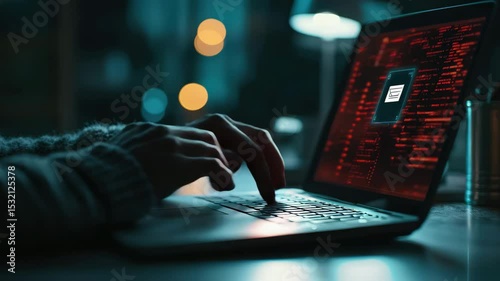 A person types on a laptop in a dark room, with code and a document icon displayed on the screen.