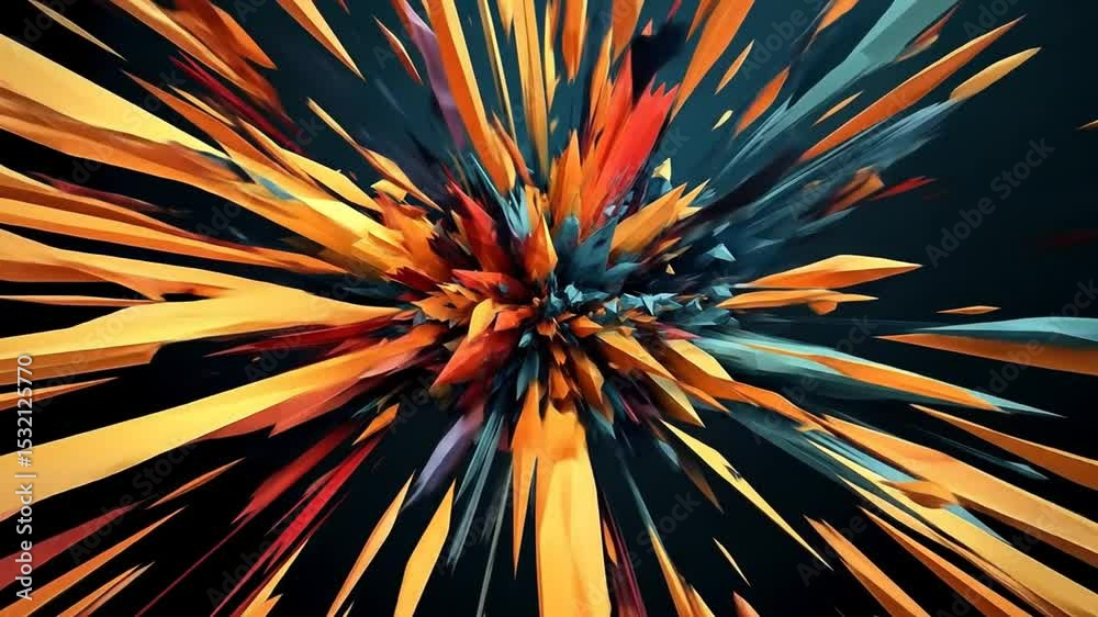 Abstract burst of vibrant, angular shapes radiating outward.  A kaleidoscope of bold colors, like orange, teal, and maroon, explode in a dynamic, geometric pattern