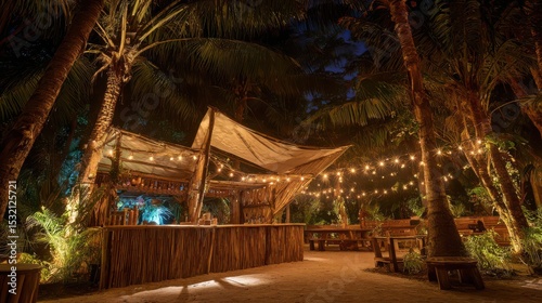 Cozy Beach Bar Setting with Lights and Palm Shade